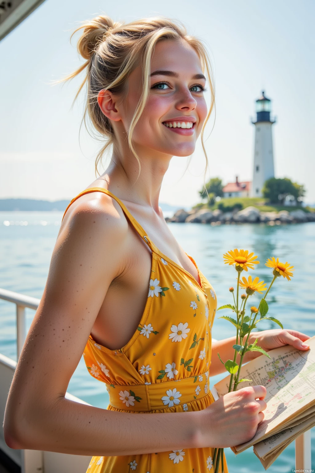 A woman in a yellow floral dress holds a bouquet of flowers and a book, standing near a lighthouse by the sea.
