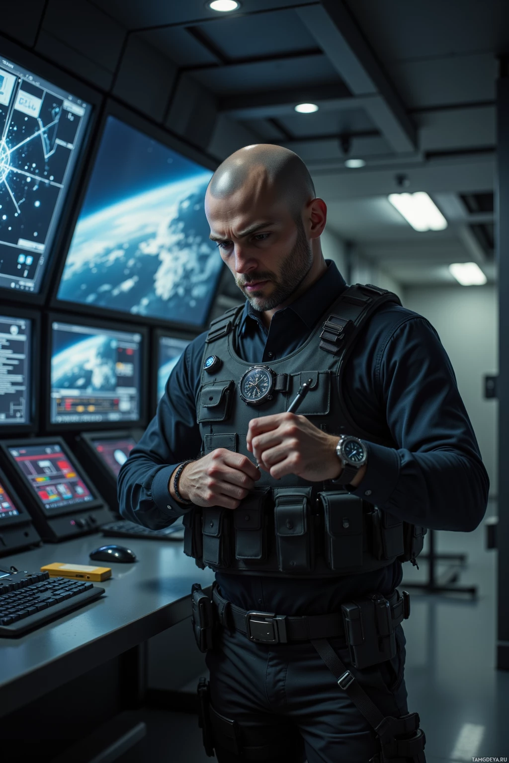 A man in a tactical vest stands in a control room with multiple screens displaying data.