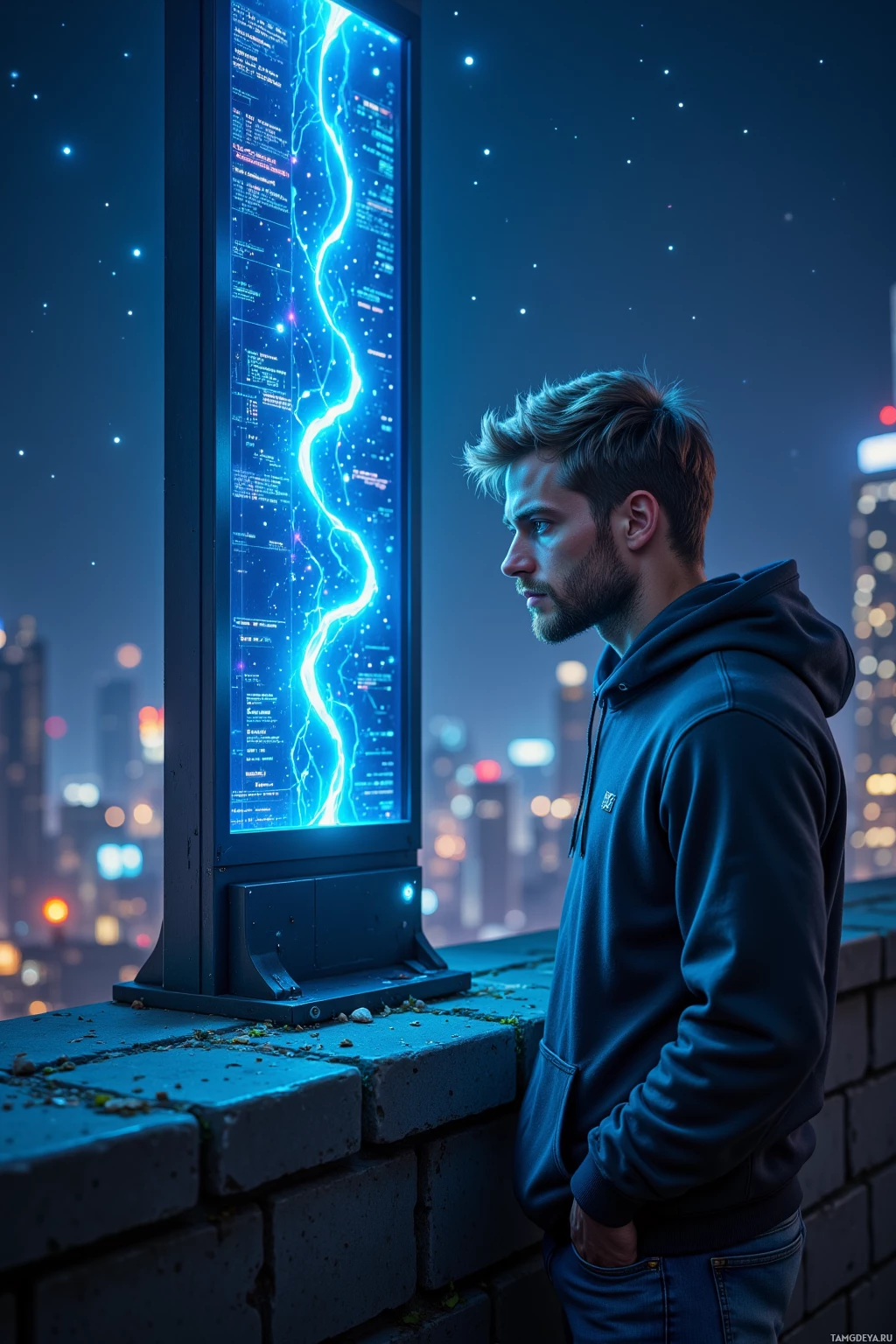 A man stands contemplatively by a brick ledge, gazing at a glowing digital display.