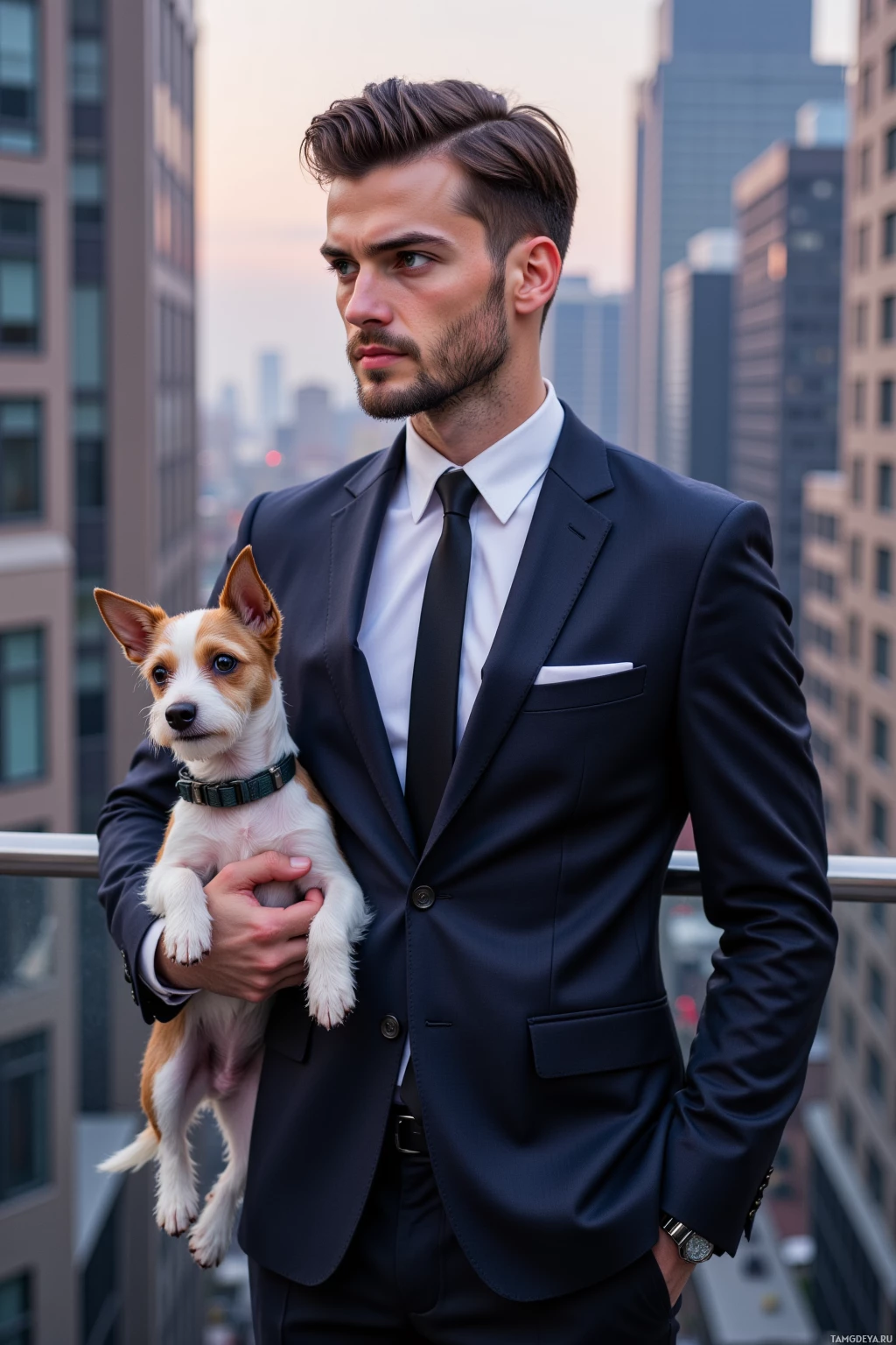 A man in a suit holds a small dog on a rooftop with a cityscape in the background.
