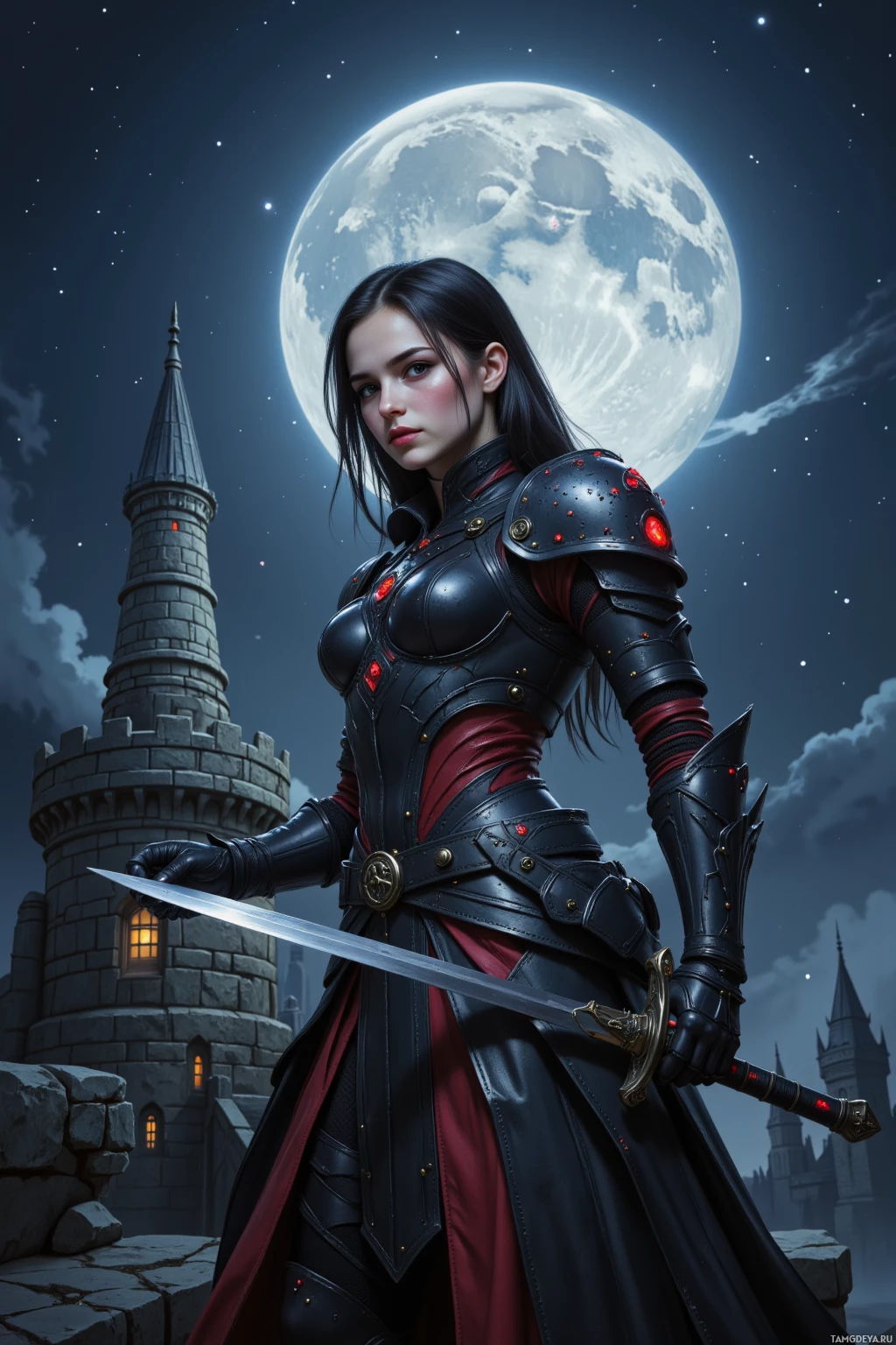 A woman in dark armor stands in front of a castle under a full moon.