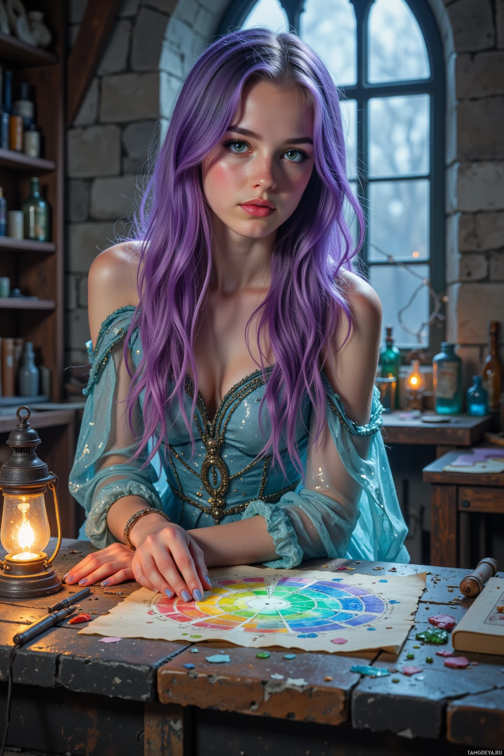 A woman with purple hair sits at a table with a color wheel, surrounded by a rustic setting.