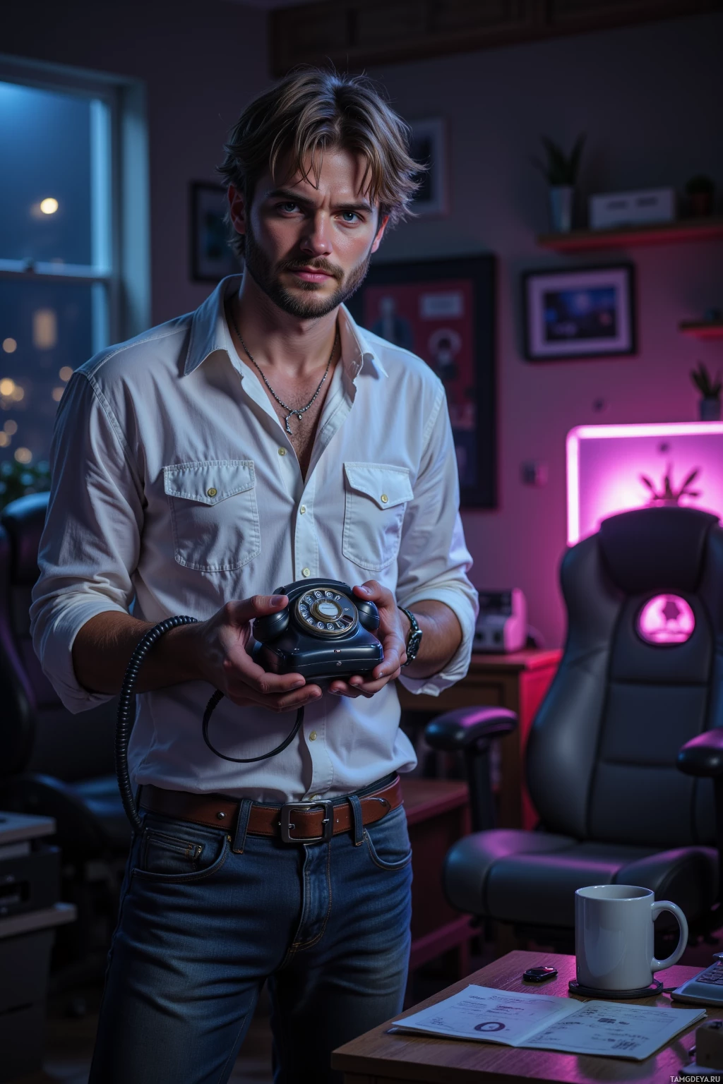 A man in a white shirt holds a rotary phone in a dimly lit room with a gaming chair and desk.