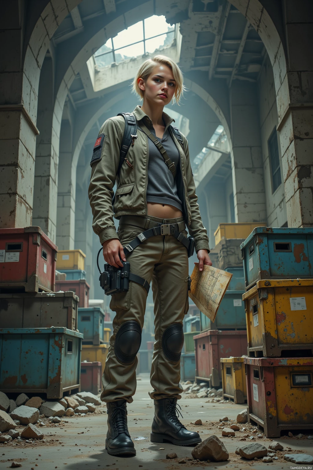 A person in military-style attire stands in a dilapidated warehouse.