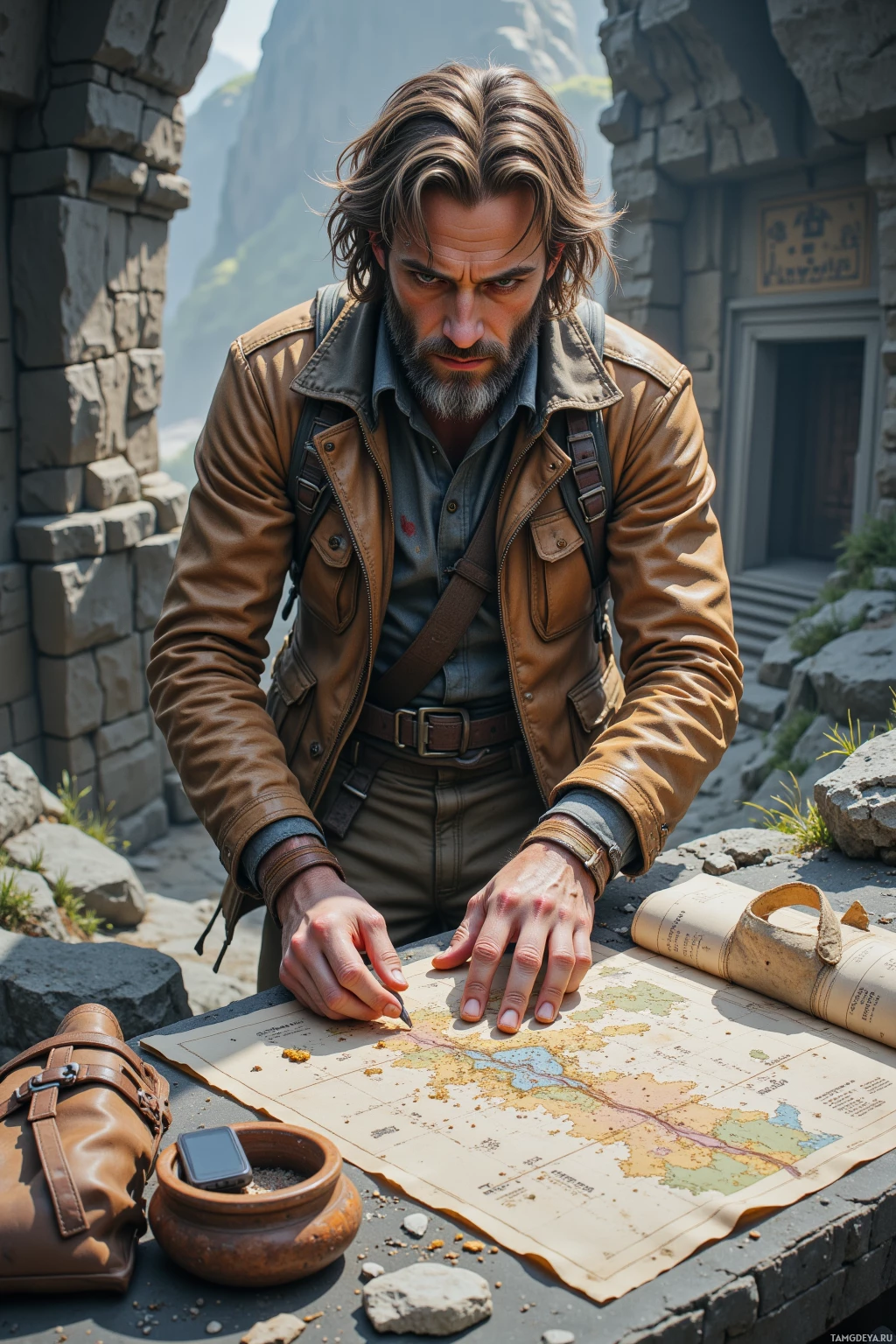 A man in a leather jacket examines a map on a rocky ledge.