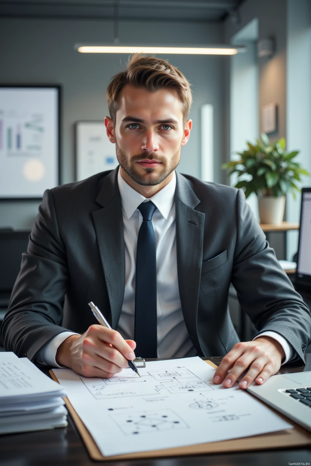 A man in a suit sits at a desk, holding a pen and looking at a document.