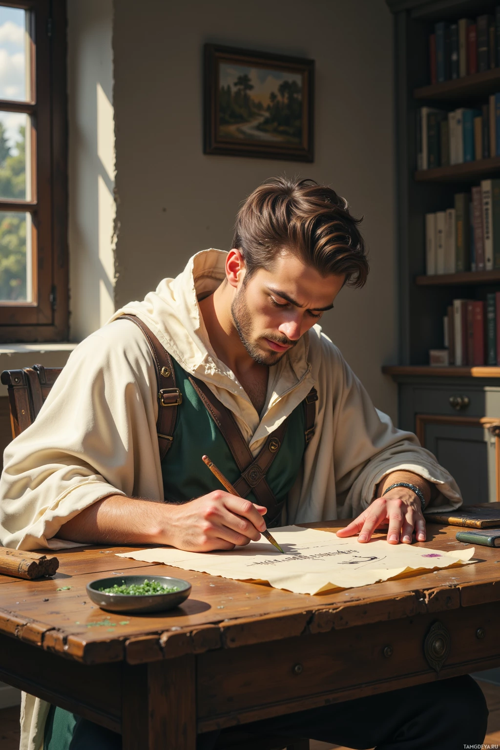 A man in historical attire is writing at a wooden desk in a room with bookshelves and a window.