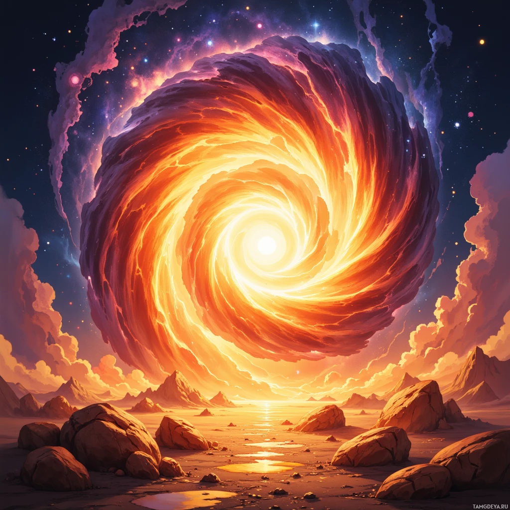 A vibrant cosmic scene featuring a swirling vortex of fire and light against a starry sky, with rocky terrain in the foreground.