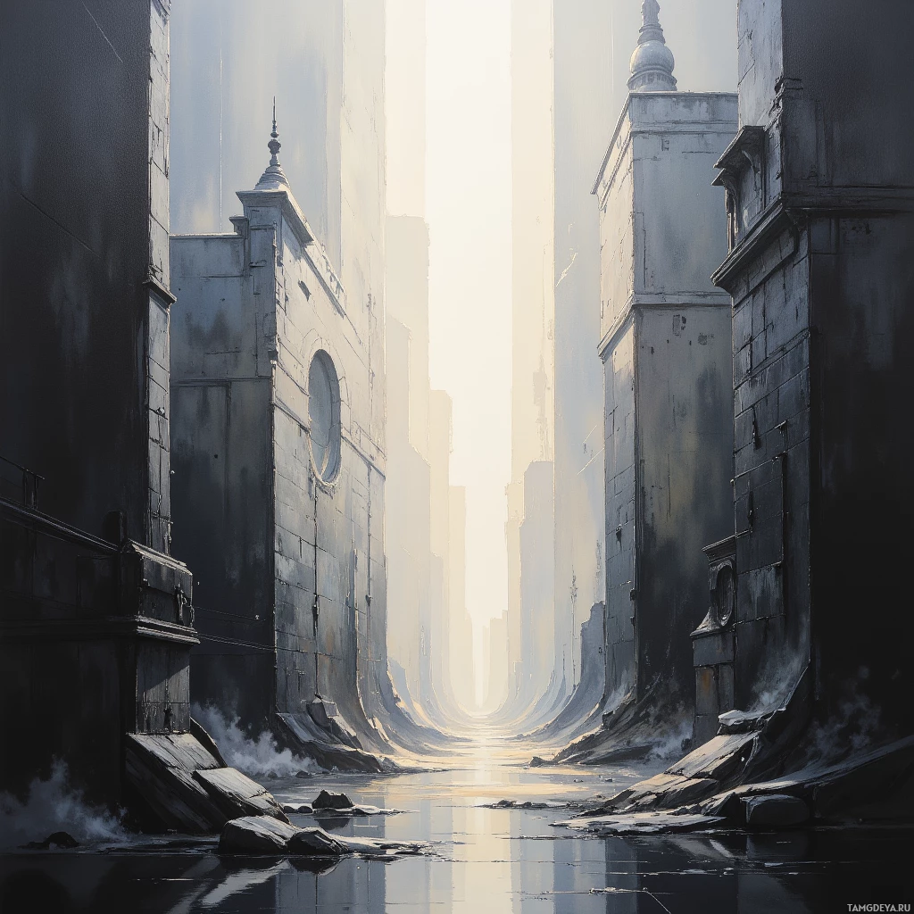 A narrow, sunlit alleyway with tall, weathered buildings on either side.