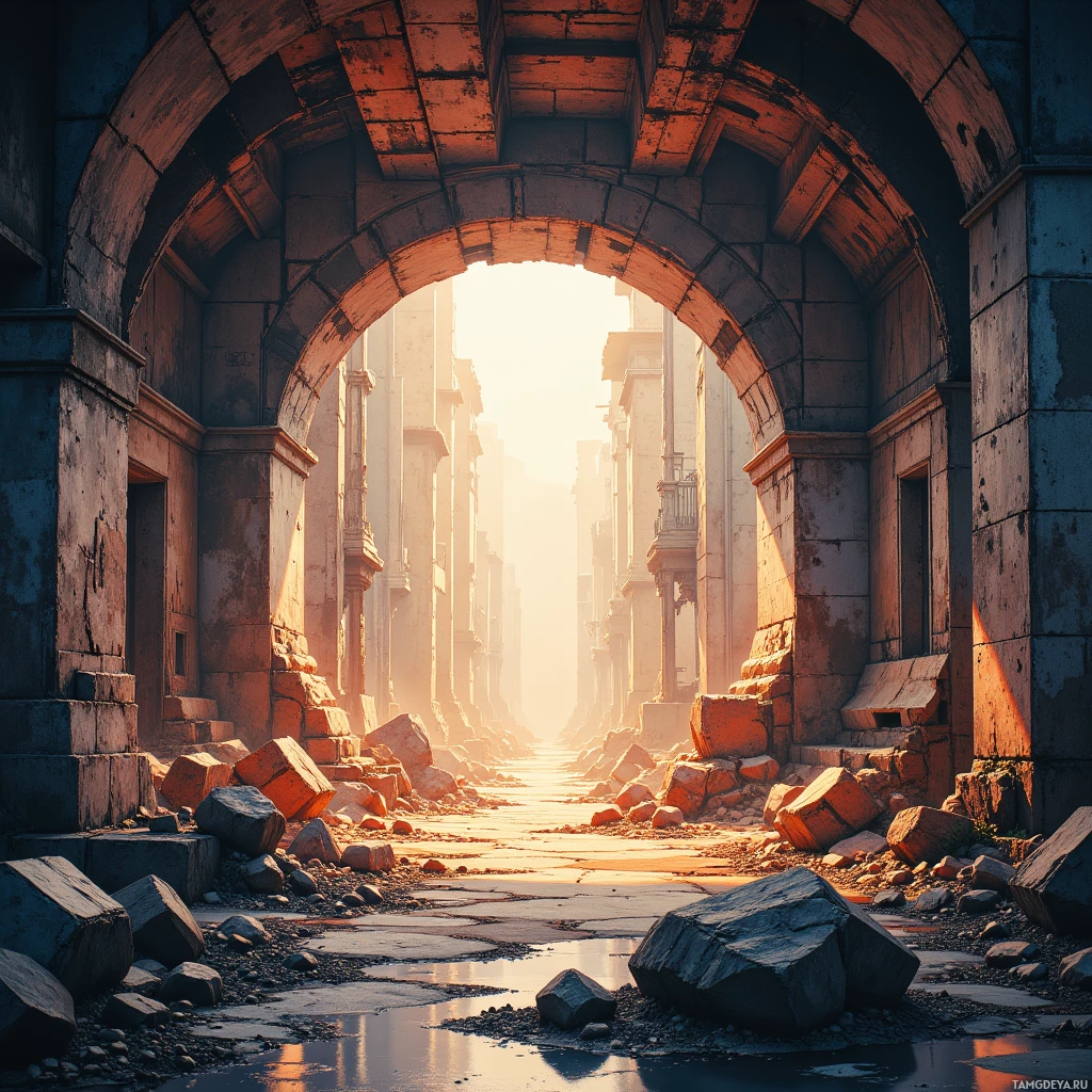 A sunlit, dilapidated urban alleyway with crumbling stone arches and debris.