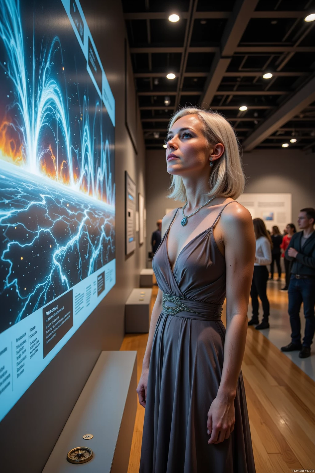A woman in a formal dress stands in front of an exhibit featuring a cosmic or scientific display.