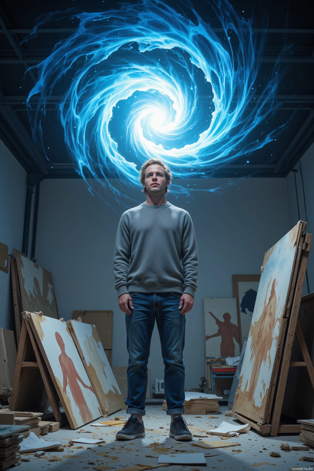 A person stands in an art studio with a swirling blue vortex overhead and various canvases around them.