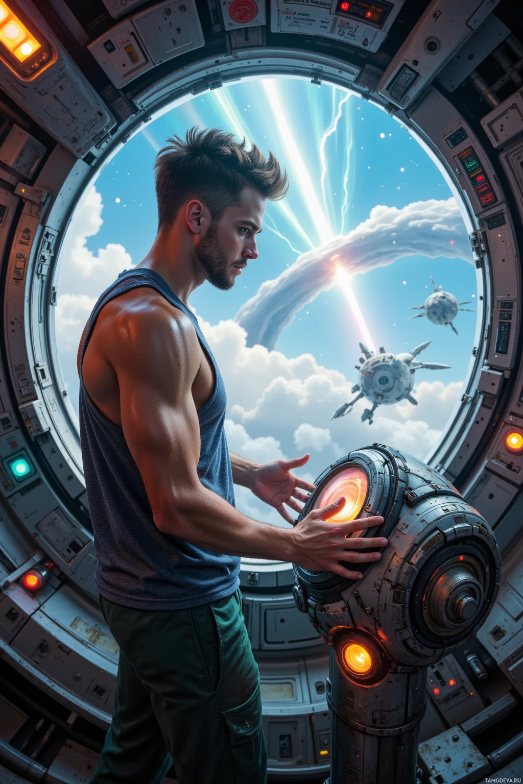 A man stands inside a spacecraft, interacting with a glowing control panel.