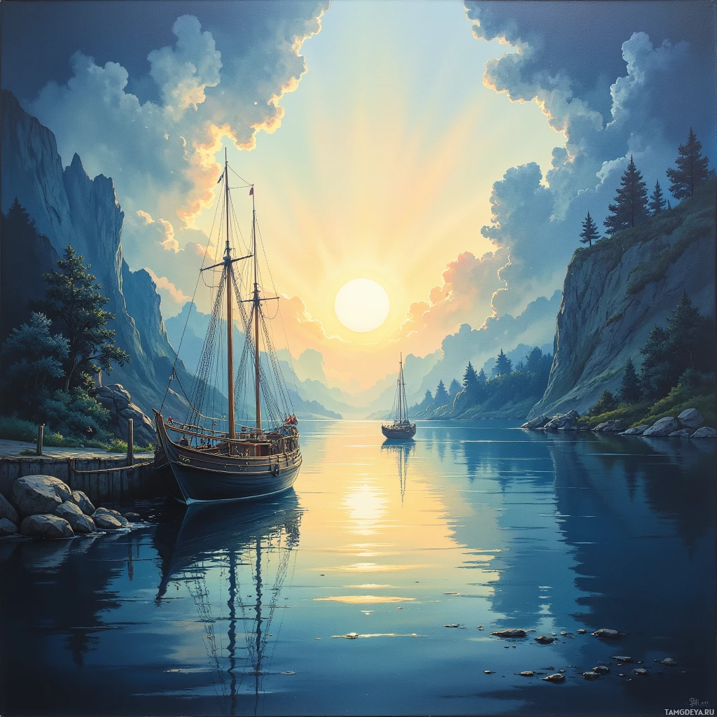 A serene sunset scene with a sailboat docked on calm waters, surrounded by rocky cliffs and lush greenery.