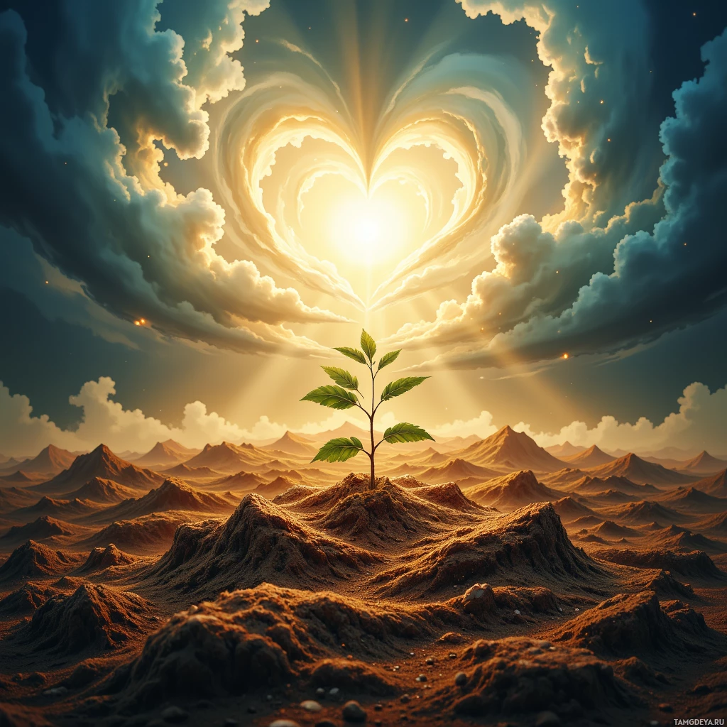 A heart-shaped cloud formation glows above a small plant growing in barren terrain.