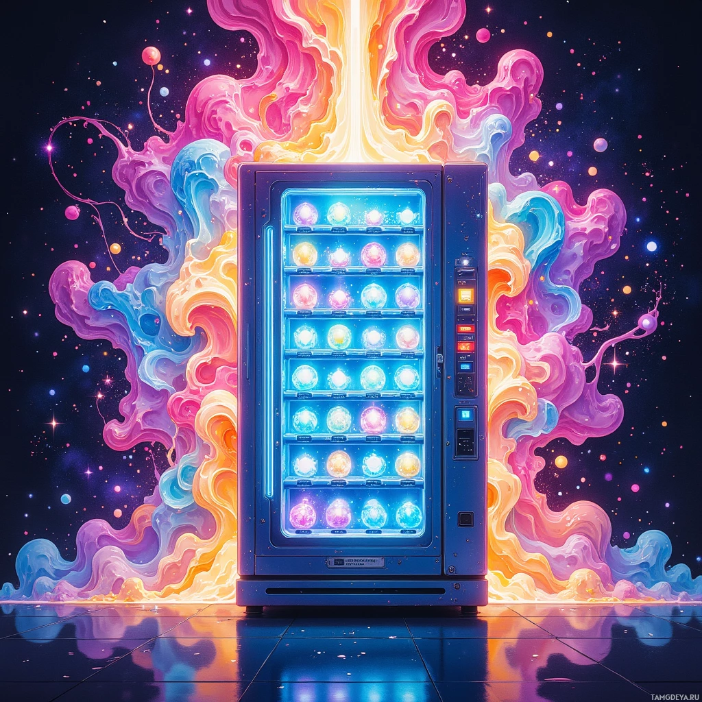 A vibrant, futuristic vending machine with glowing spheres and colorful, swirling patterns in the background.