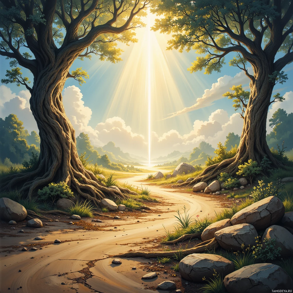 A serene landscape with two large trees, sunlight streaming through, and a winding path leading into the distance.