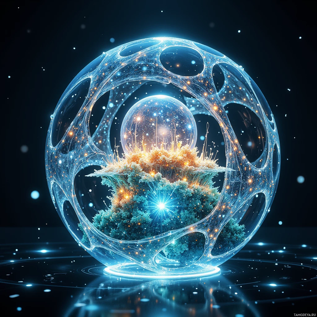 A glowing, intricate sphere with organic patterns and a central burst of light within it.