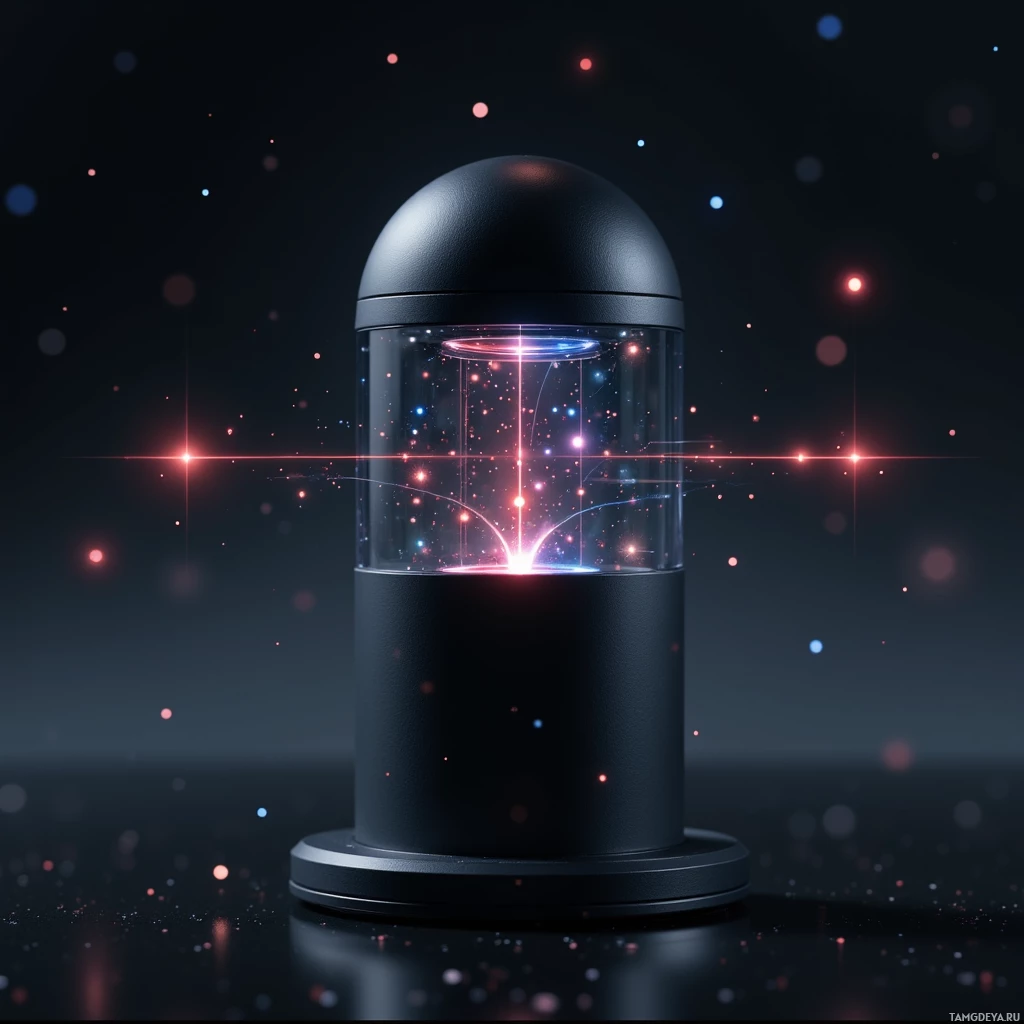 A futuristic device with glowing lights and particles against a dark background.