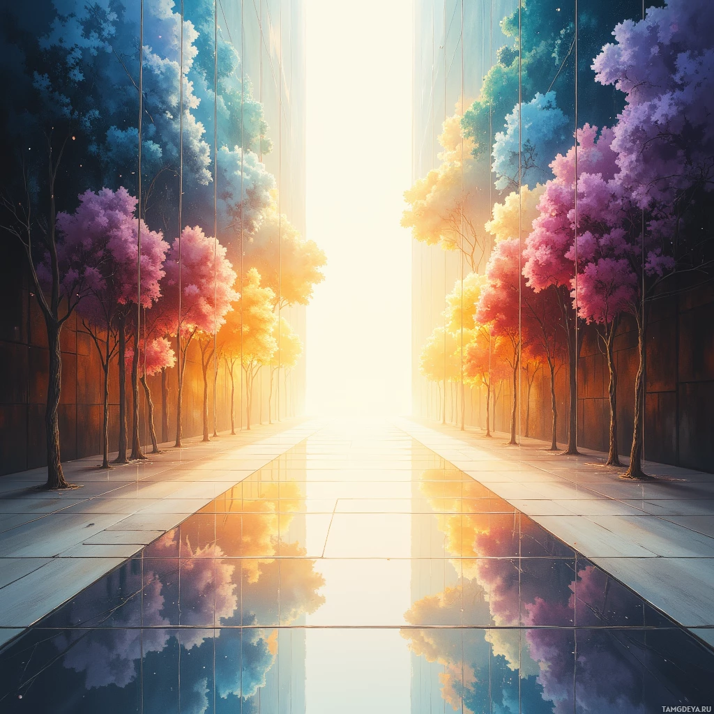 A vibrant street scene with colorful trees reflecting on glossy pavement under bright sunlight.