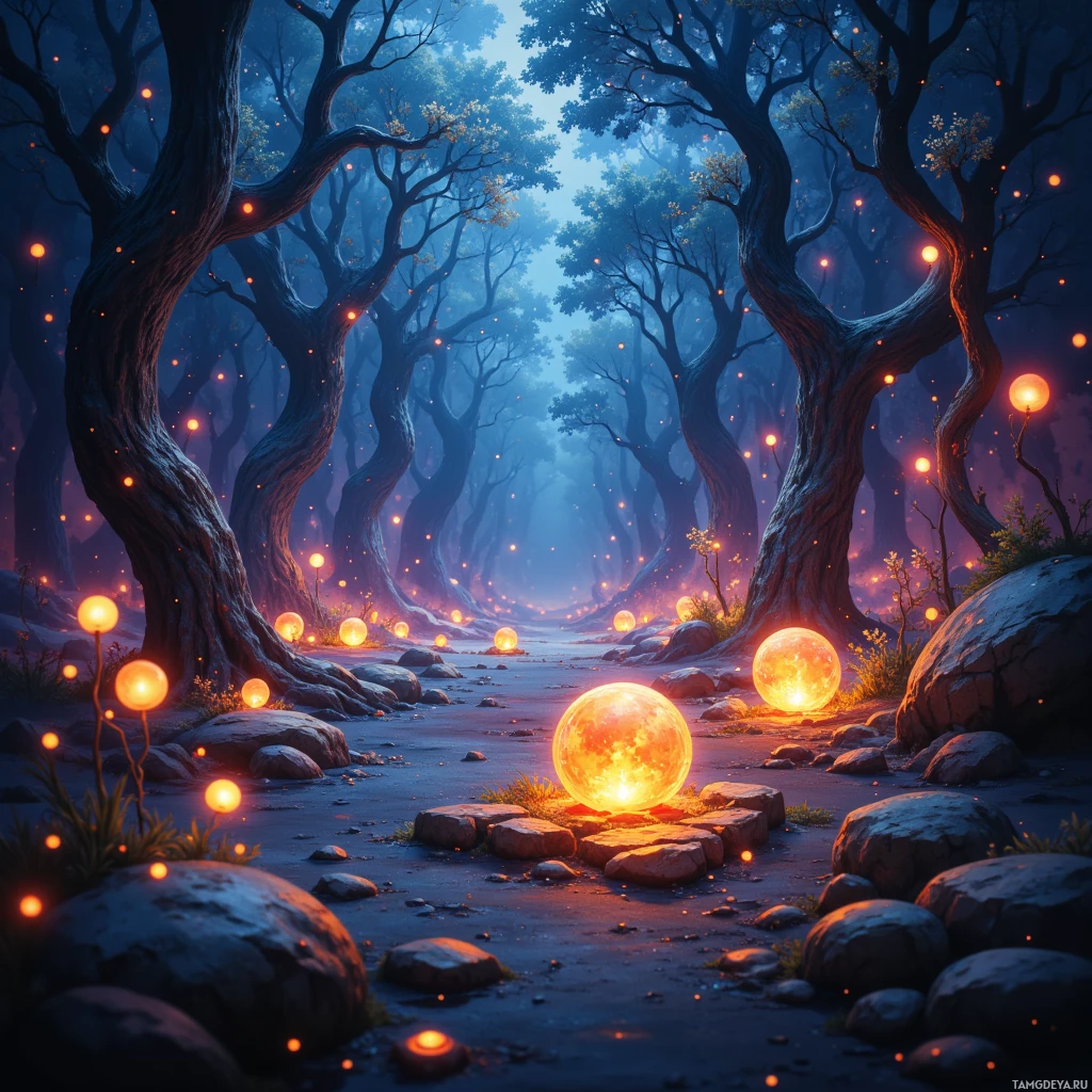A mystical forest scene with glowing orbs and trees.