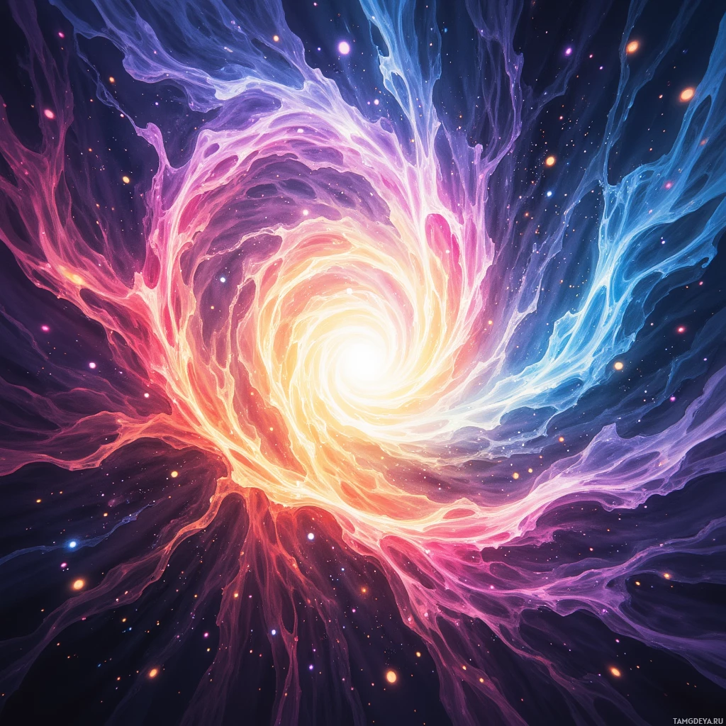 A vibrant cosmic swirl with swirling colors and glowing particles.