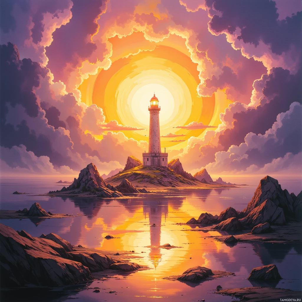 A lighthouse stands on a rocky island at sunset, with vibrant clouds and a glowing sun in the sky.
