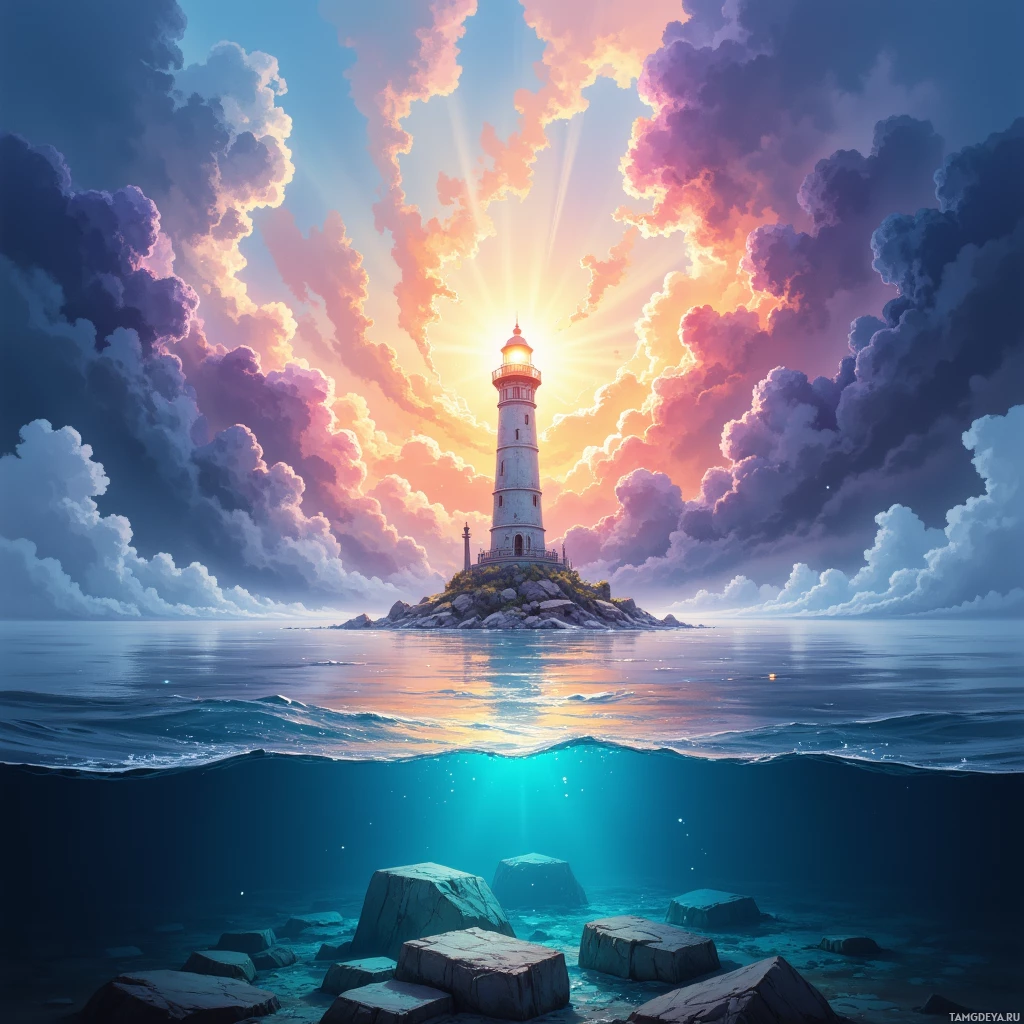 A serene lighthouse stands on a rocky island surrounded by calm waters under a vibrant sky.