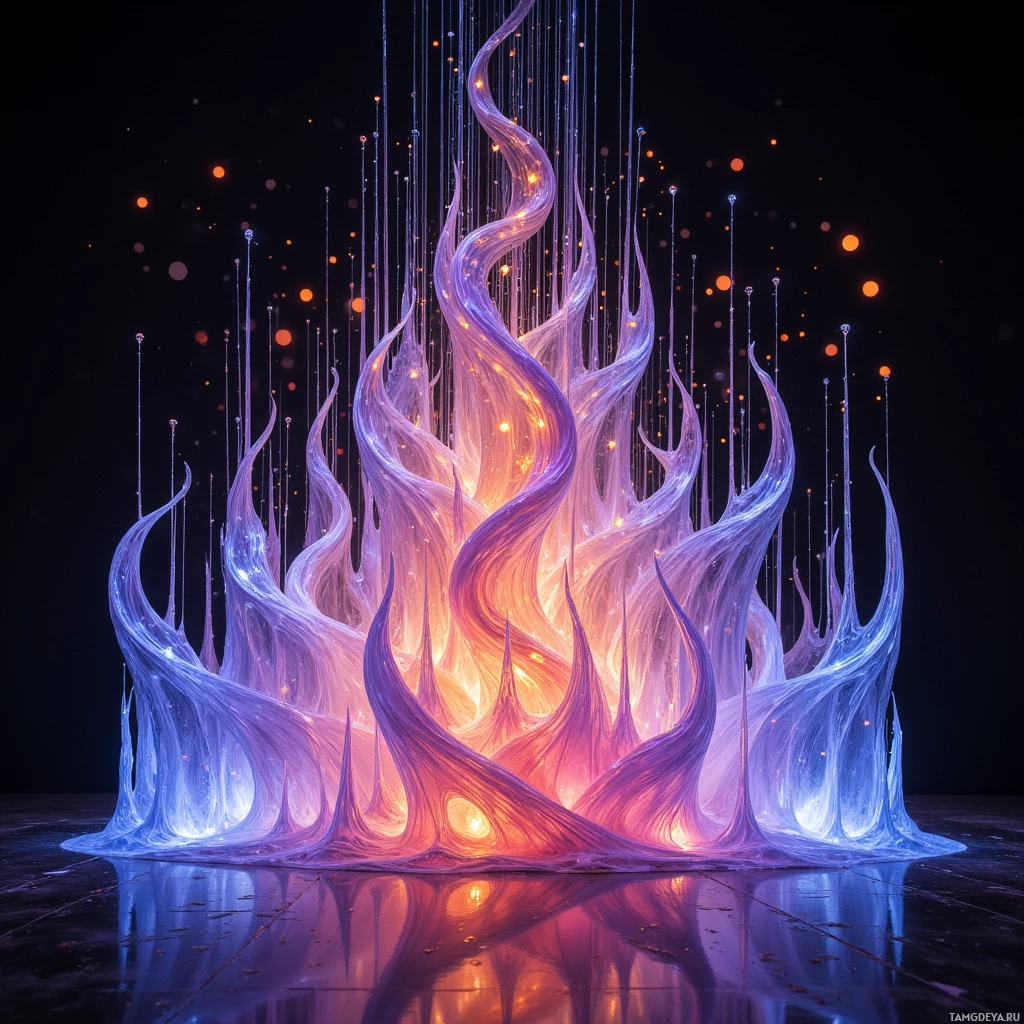 A vibrant, abstract flame-like structure with glowing orange and purple hues against a dark background.