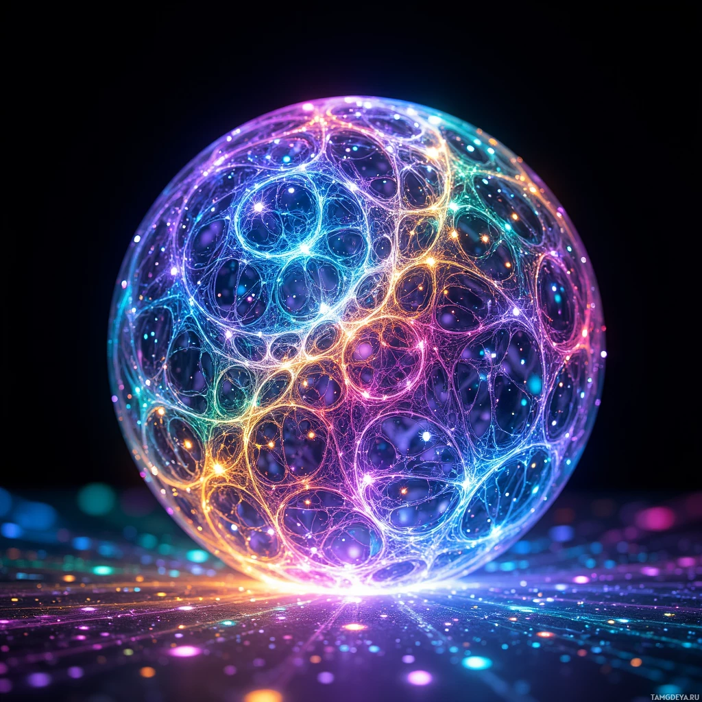 A glowing, intricate sphere with a network of colorful lines and dots against a dark background.