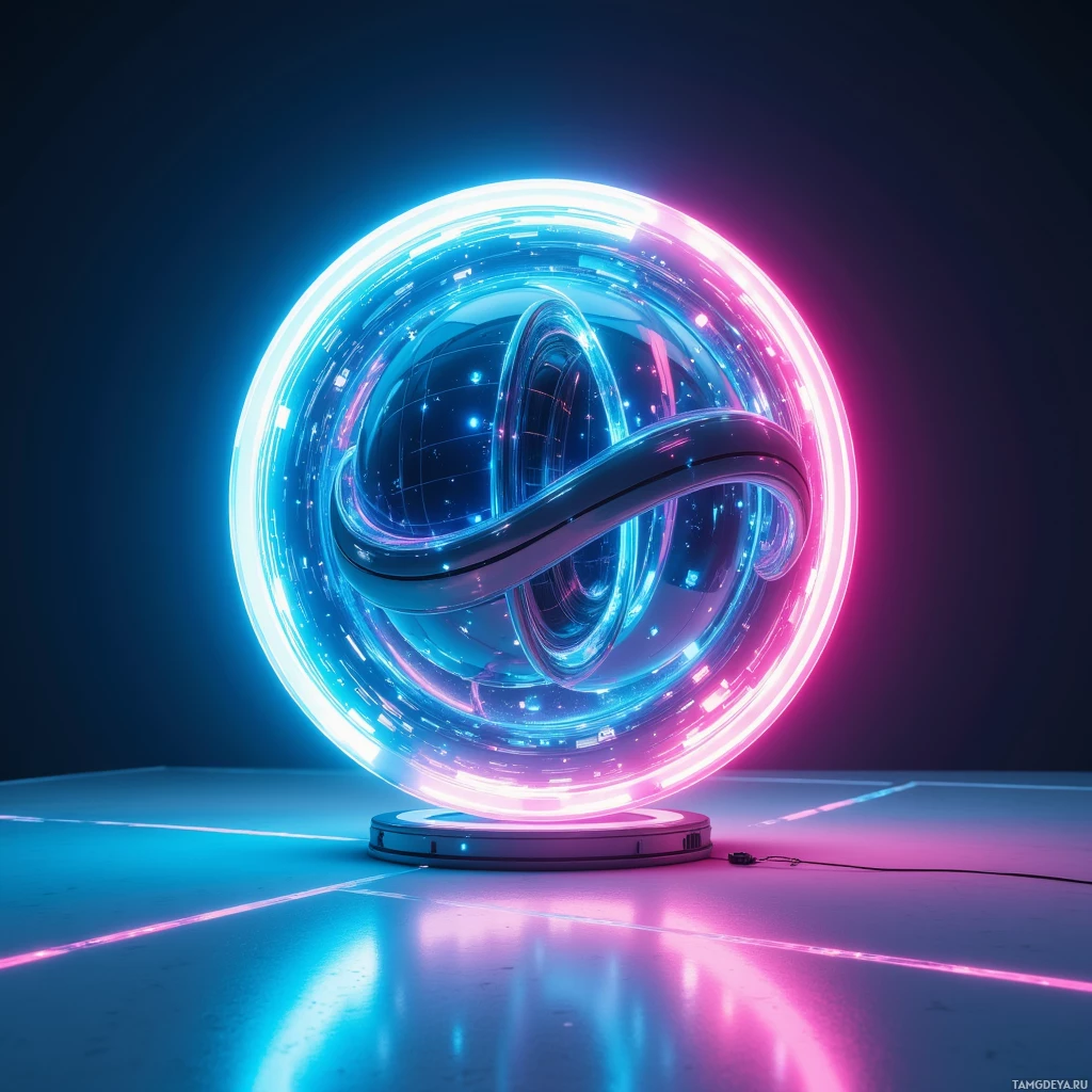 A glowing, futuristic ring structure with blue and pink lights on a reflective surface.