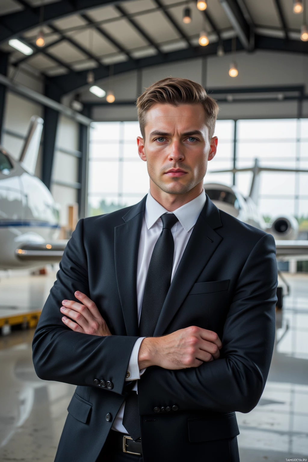 A man in a suit stands with his arms crossed in a hangar.