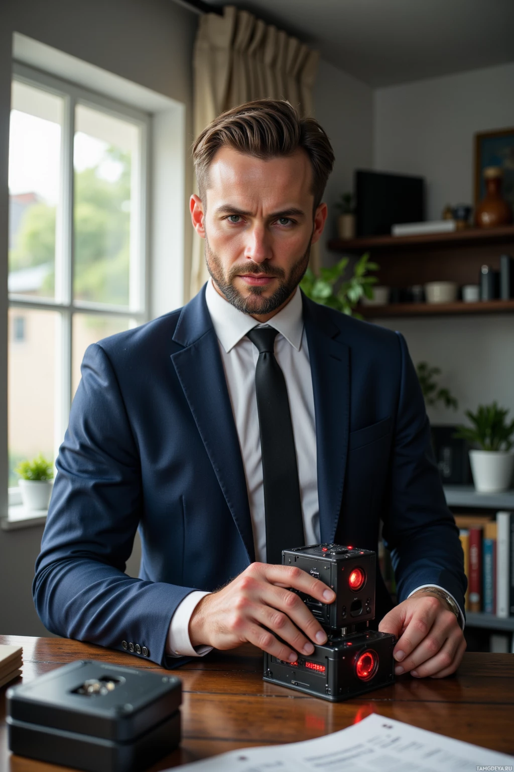 A man in a suit holds a device with red lights on a desk.