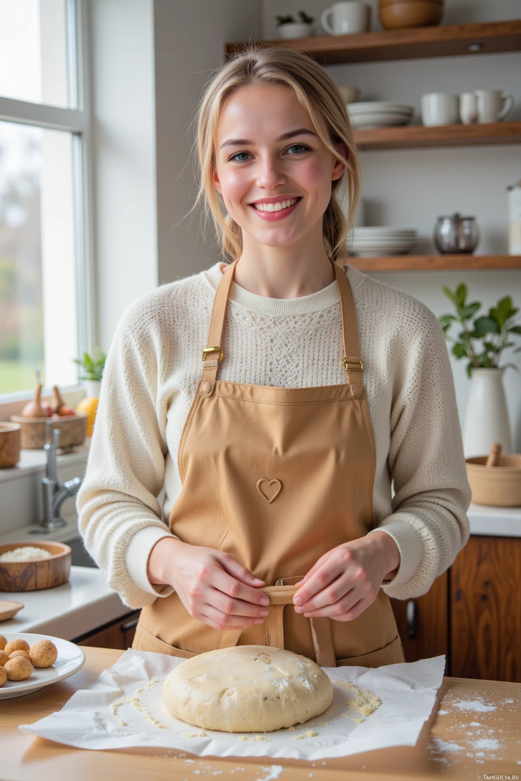 A woman in a kitchen wearing an apron smiles while preparing dough.