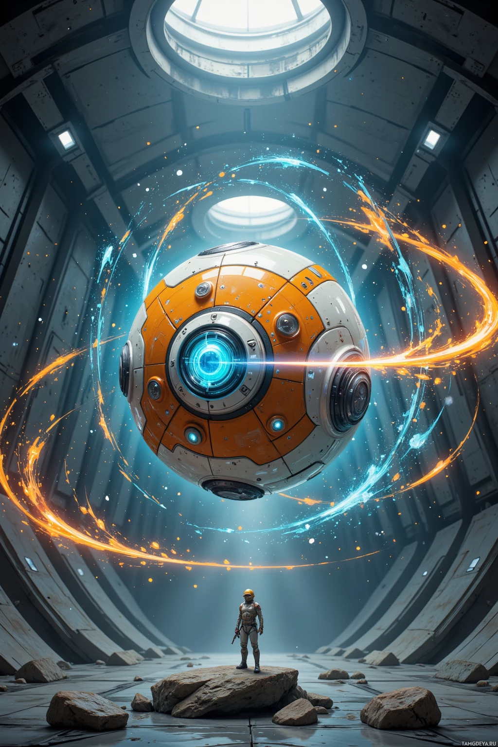 A futuristic scene featuring a spherical robot with glowing blue eyes and a human figure standing on a rock in a circular, high-tech environment.