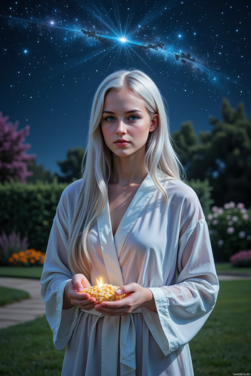 A person in a white robe holds a lit candle, standing outdoors under a starry night sky.