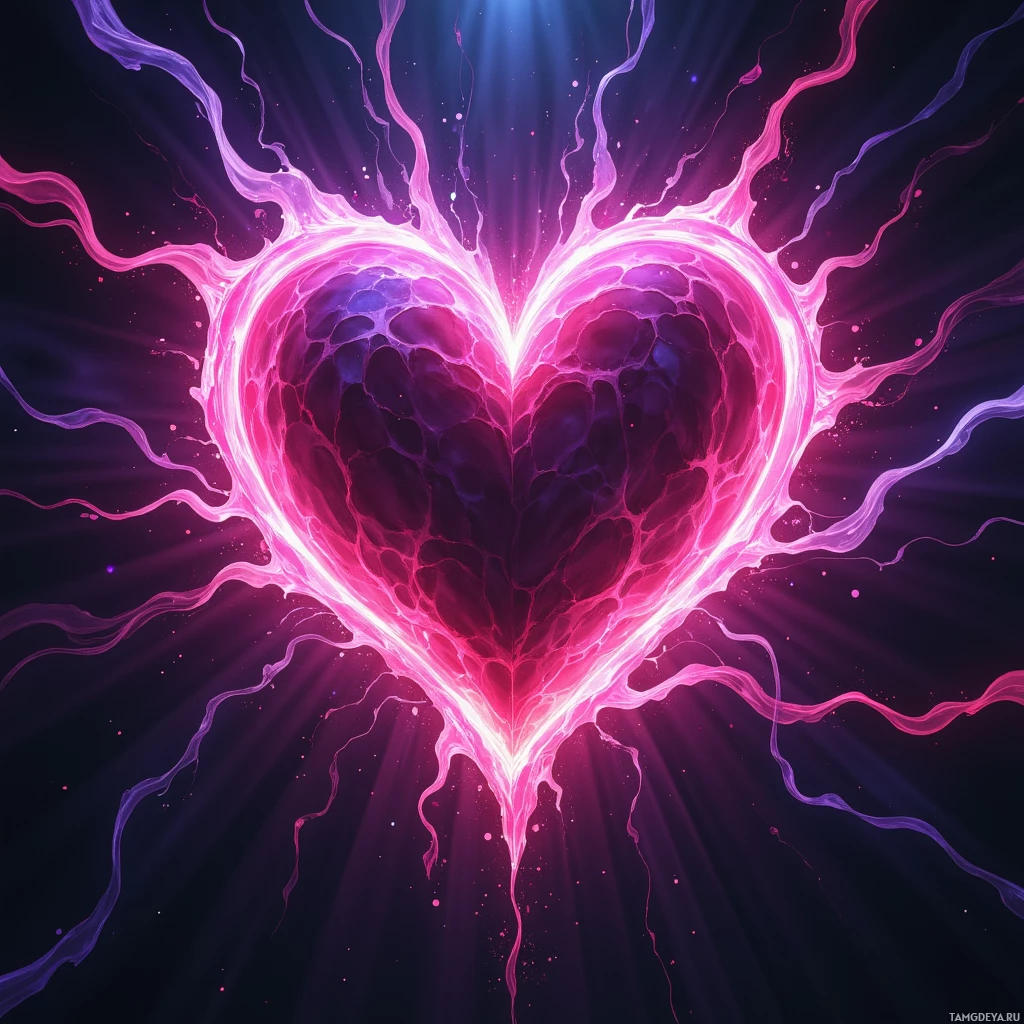 A glowing heart with radiant light beams and swirling energy lines against a dark background.