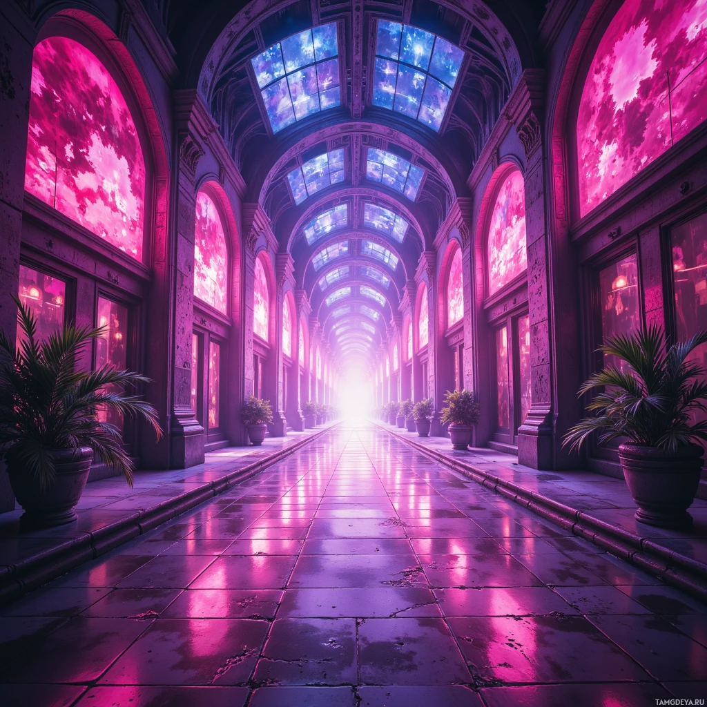 A long, ornate corridor with arched windows and a glowing light at the end.
