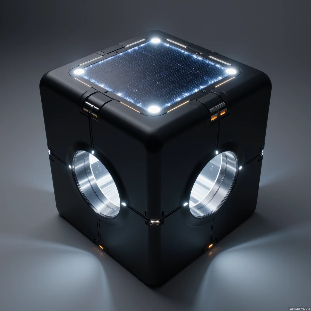 A futuristic black cube with illuminated circular windows and glowing elements on its surface.