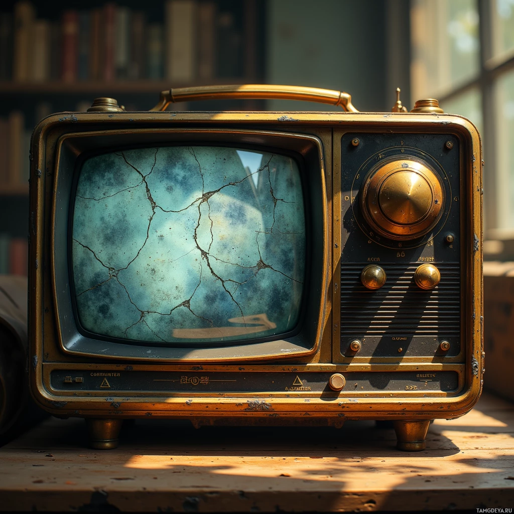 An old, vintage television with cracked glass and rusted exterior sits on a wooden surface indoors.