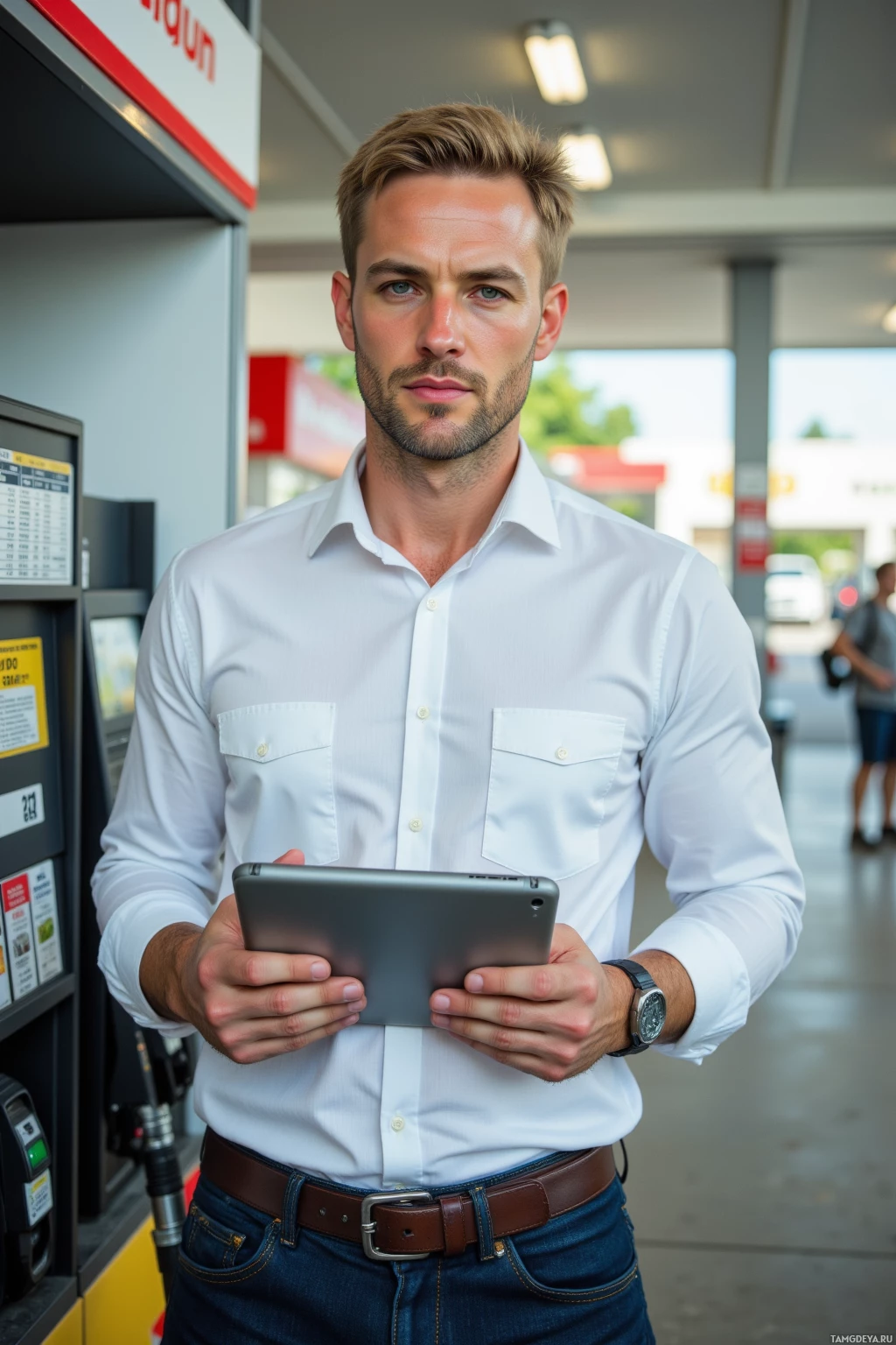 A man in a white shirt holds a tablet at a gas station.