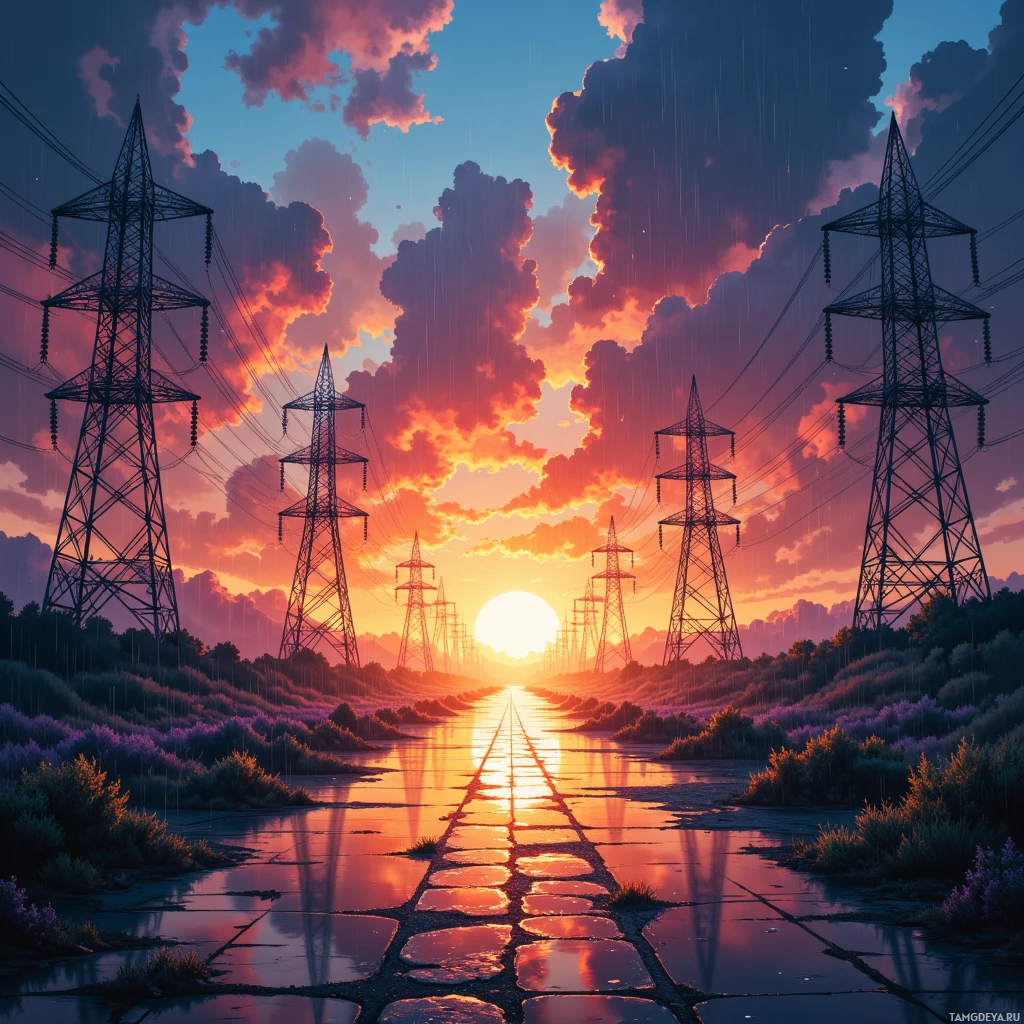 A vibrant sunset scene with power lines and a wet pathway reflecting the colorful sky.