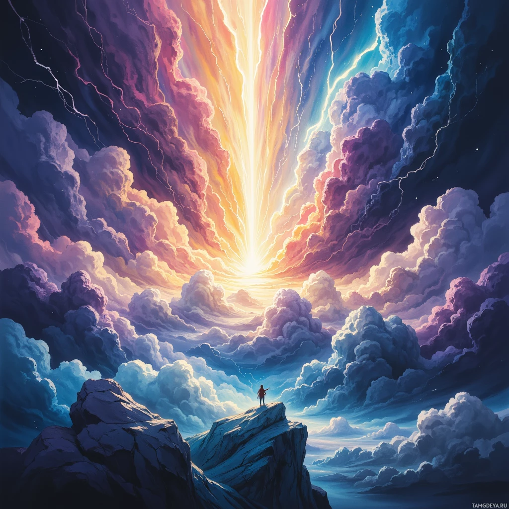 A person stands on a rocky peak, gazing at a vibrant sky filled with dramatic clouds and radiant light beams.