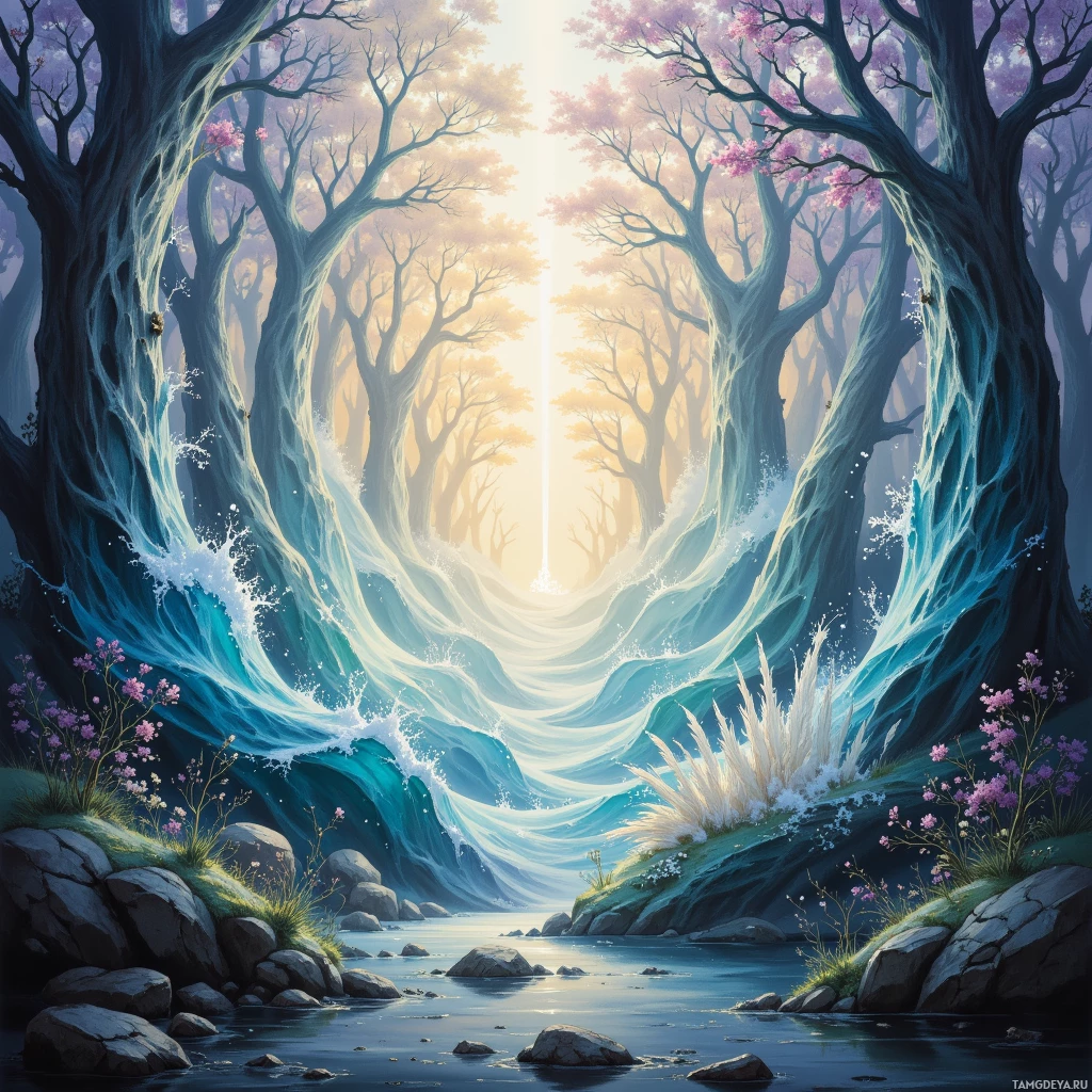 A surreal forest scene with flowing water and vibrant flowers.