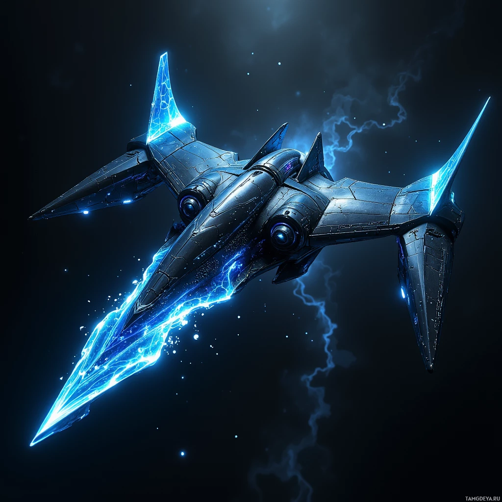 A futuristic spaceship with glowing blue energy trails and lightning effects against a dark background.