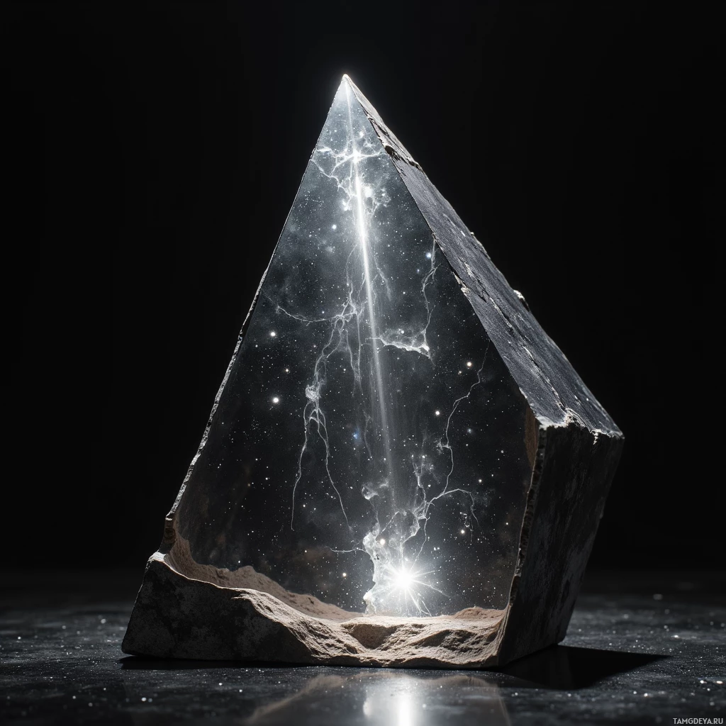 A triangular crystal with a glowing interior resembling a cosmic scene.