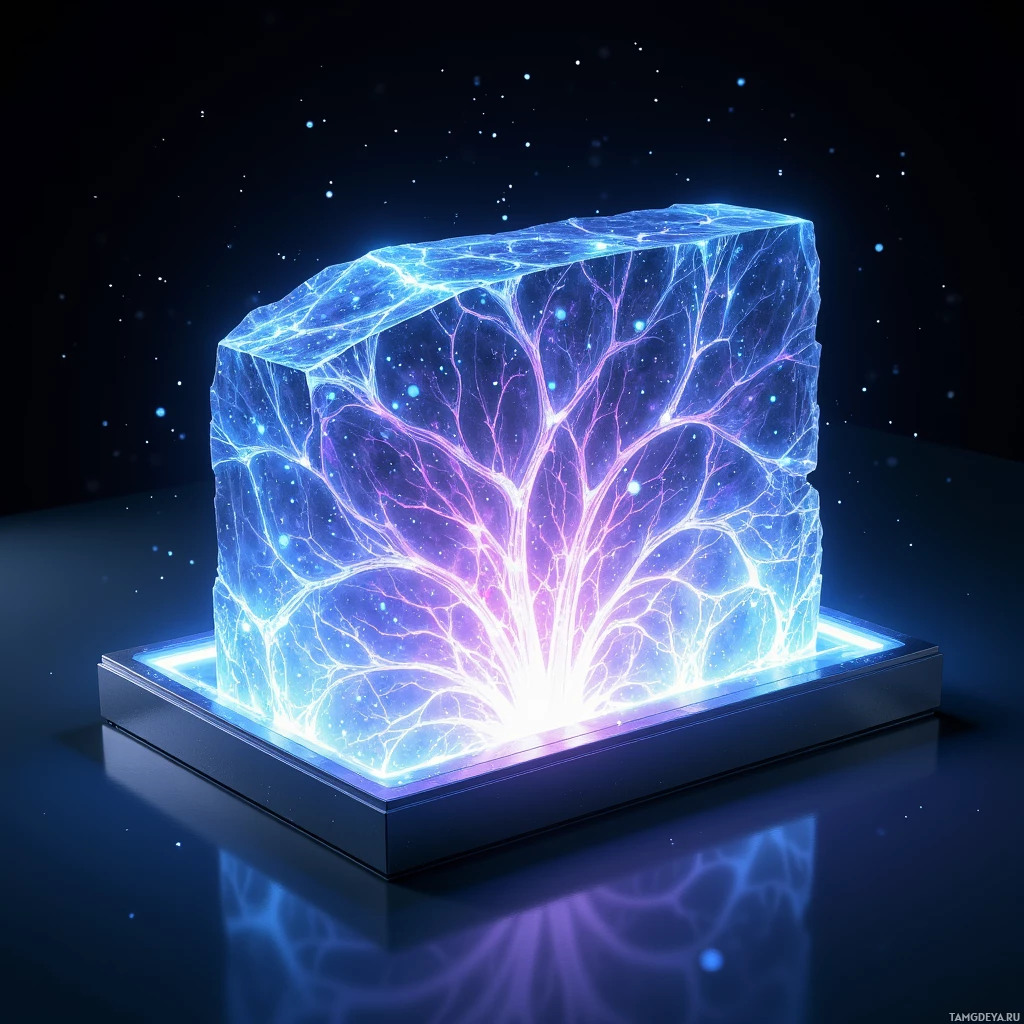 A glowing cube with intricate, branching patterns inside is displayed on a reflective surface against a dark background.