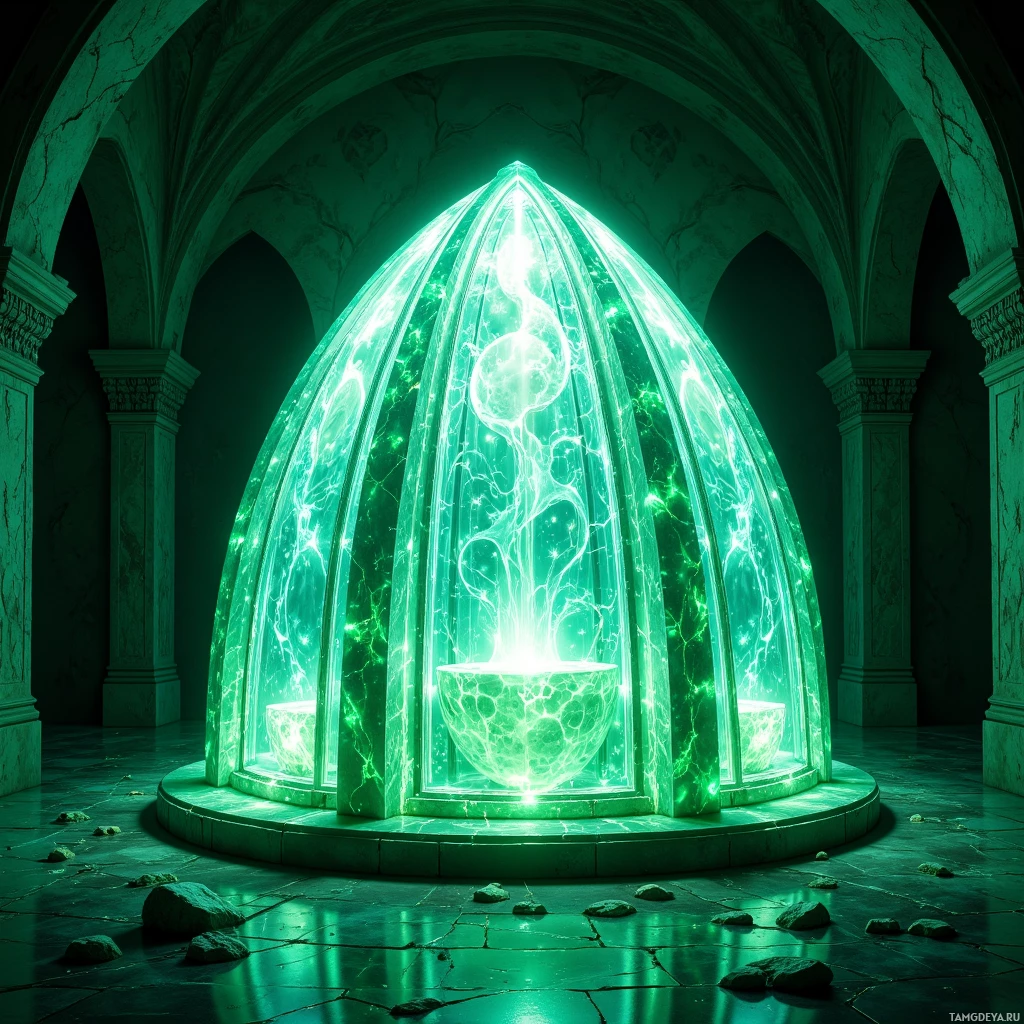 Semi-abstract image with many light, that is suitable for the post:  Translucent crystal dome with shimmering panels etched in ancient runes, refracting moonlight into a soft green bioluminescent glow, interior walls rippling with moving shadow patterns.