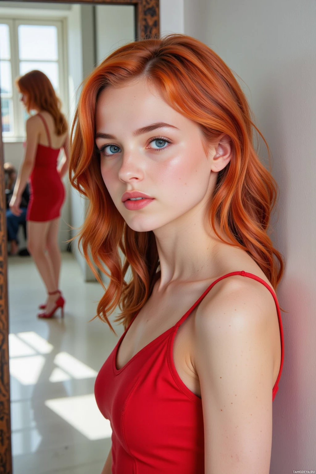 A woman with red hair and a red dress stands indoors near a mirror.