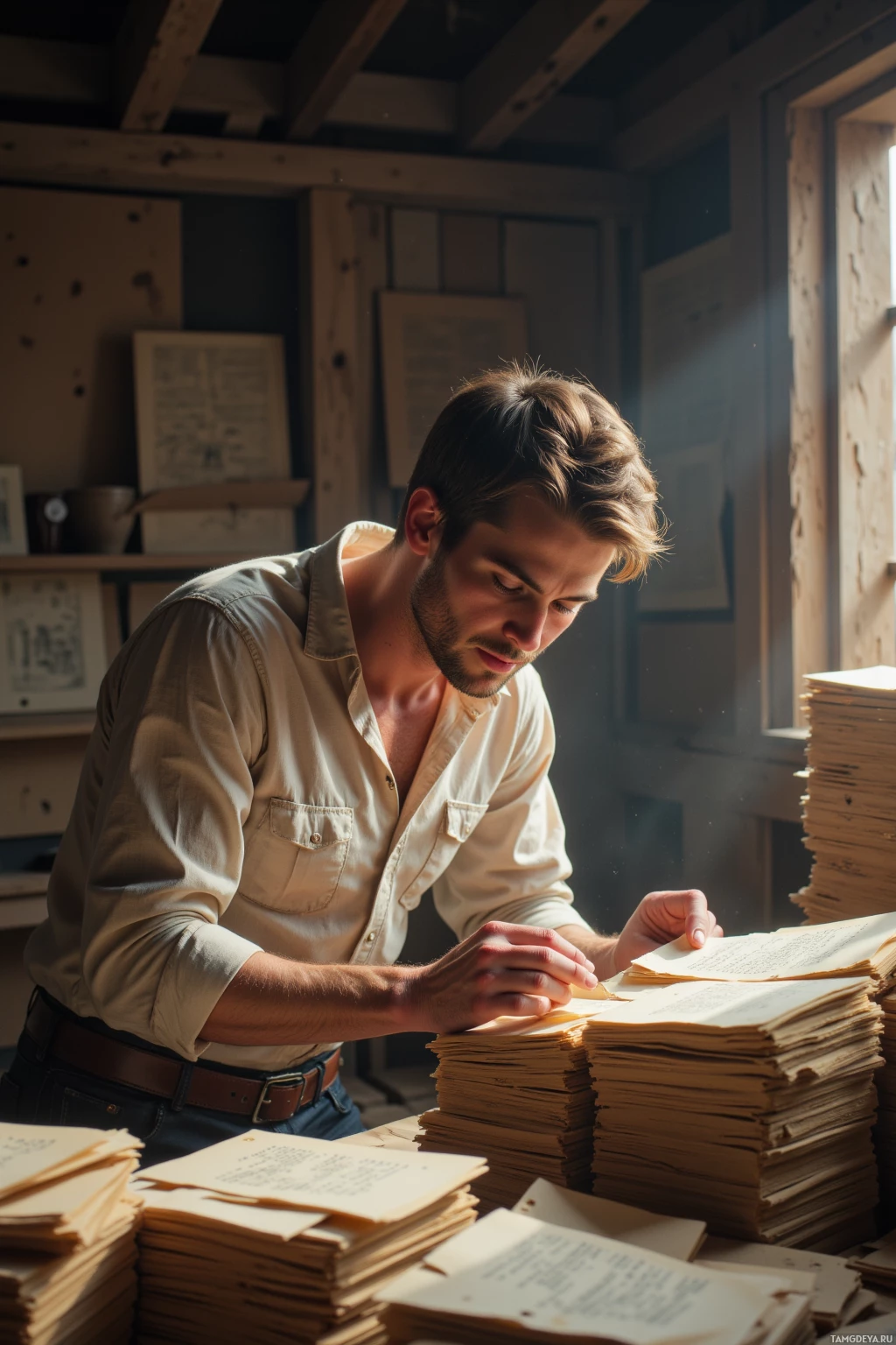 Realistic high quality photo. 44‑year‑old man with neatly styled brown hair, calm blue eyes, pale skin, wearing a long‑sleeved linen shirt and a brown leather belt, hunched over stacks of brittle index cards in a dusty attic, flipping pages with a focused expression, a small laugh as he reads a note about an ancestor stealing Julius Caesar’s speeches, soft sunlight filtering through a narrow window, old wooden beams, paper dust swirling.